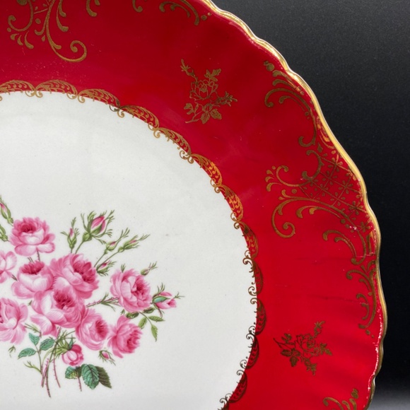 James Kent dinner plate red band, hand painted roses, gold details VTG 50's UK - Picture 3 of 10